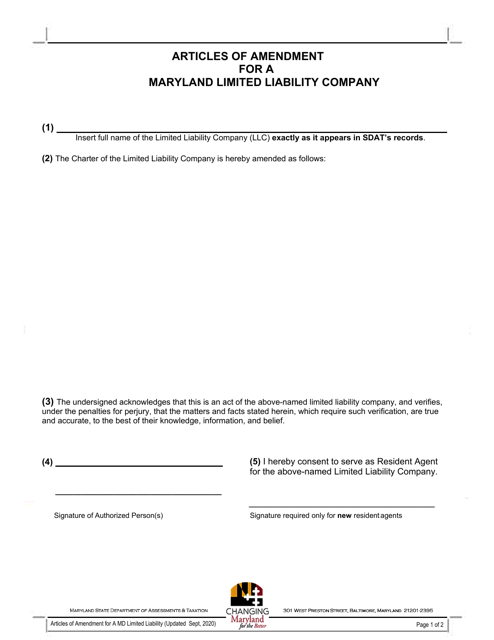 Articles of Amendment for a Maryland Limited Liability Company - Maryland Download Pdf