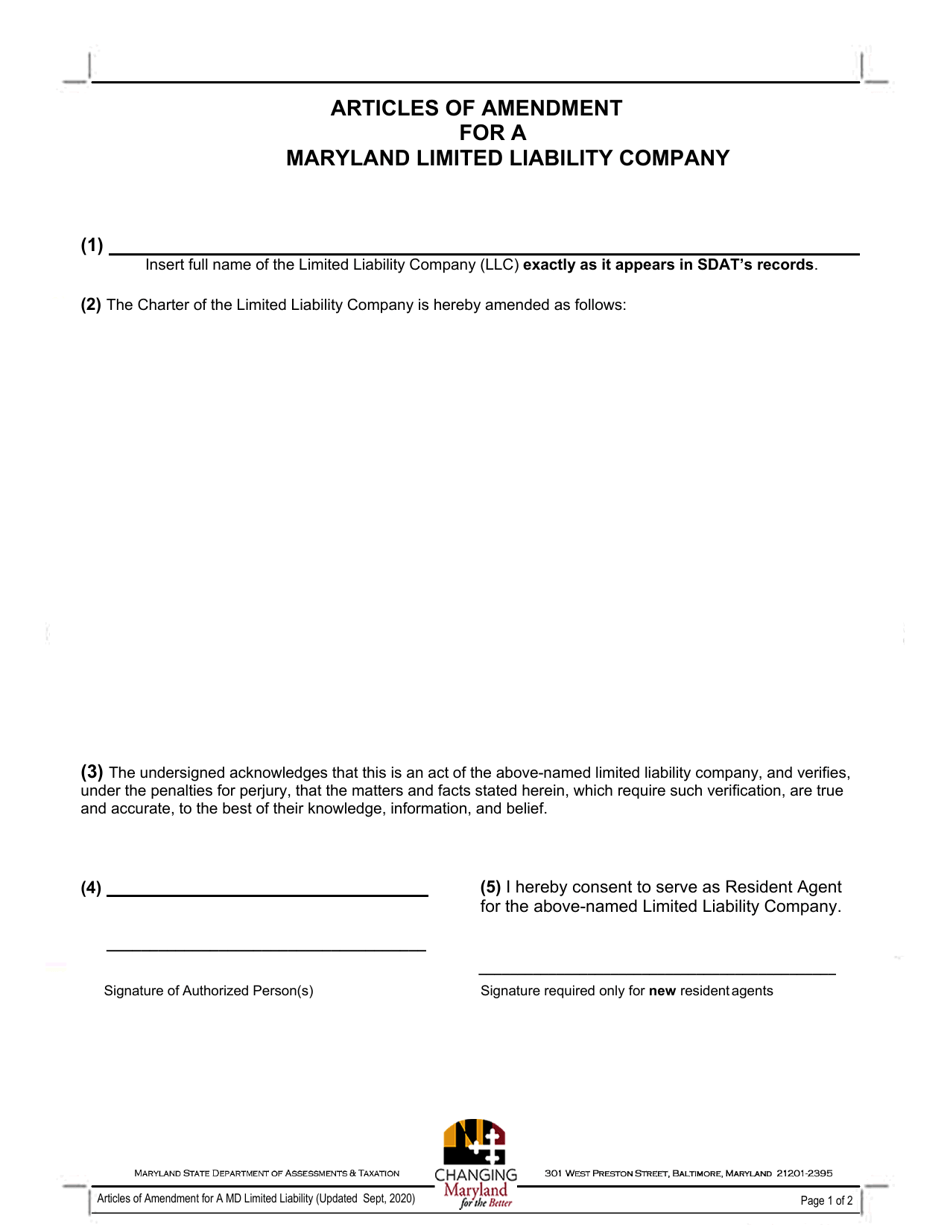 Articles of Amendment for a Maryland Limited Liability Company - Maryland, Page 1