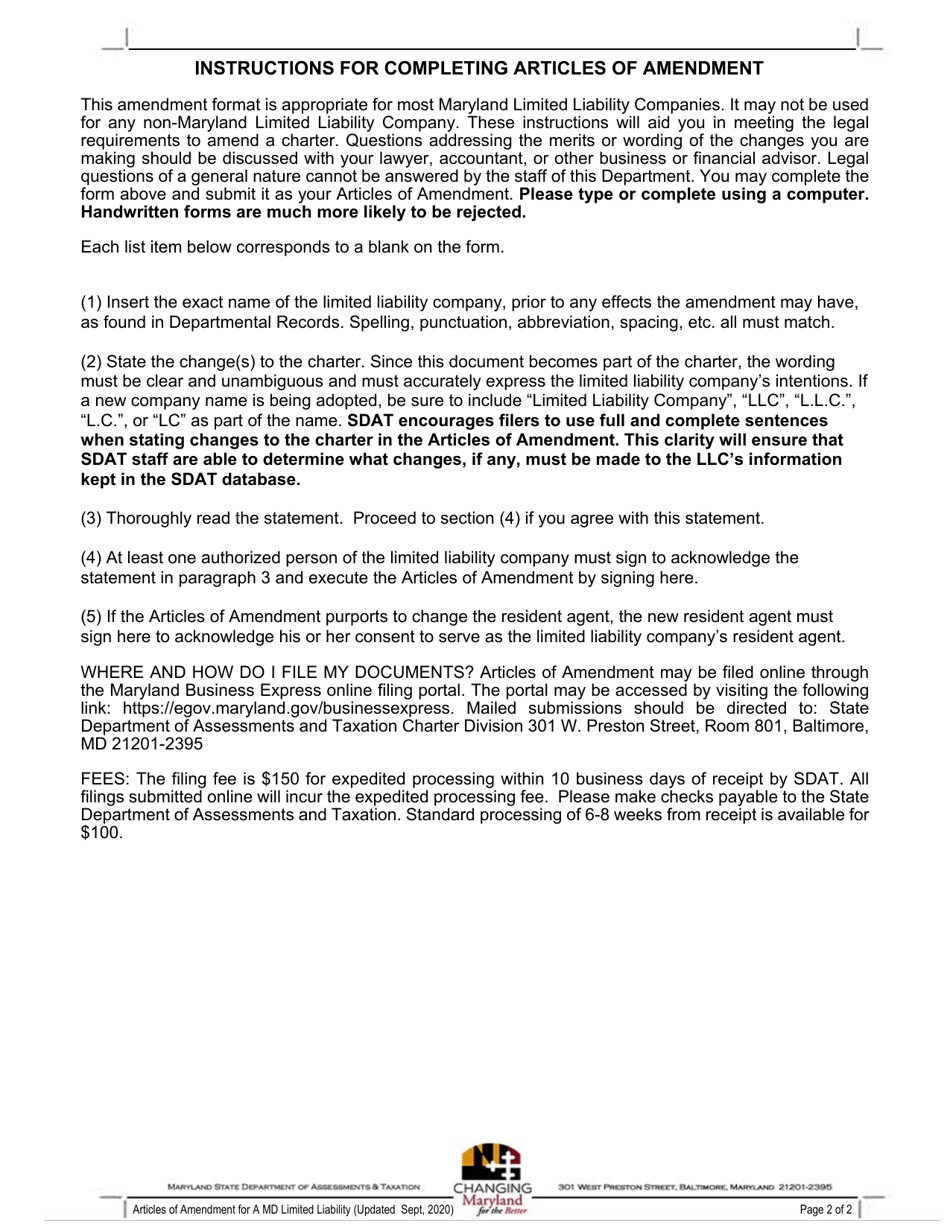 Articles of Amendment for a Maryland Limited Liability Company - Maryland, Page 2