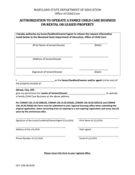 Form OCC1296 &quot;Authorization to Operate a Family Child Care Business Onrental or Leased Property&quot; - Maryland