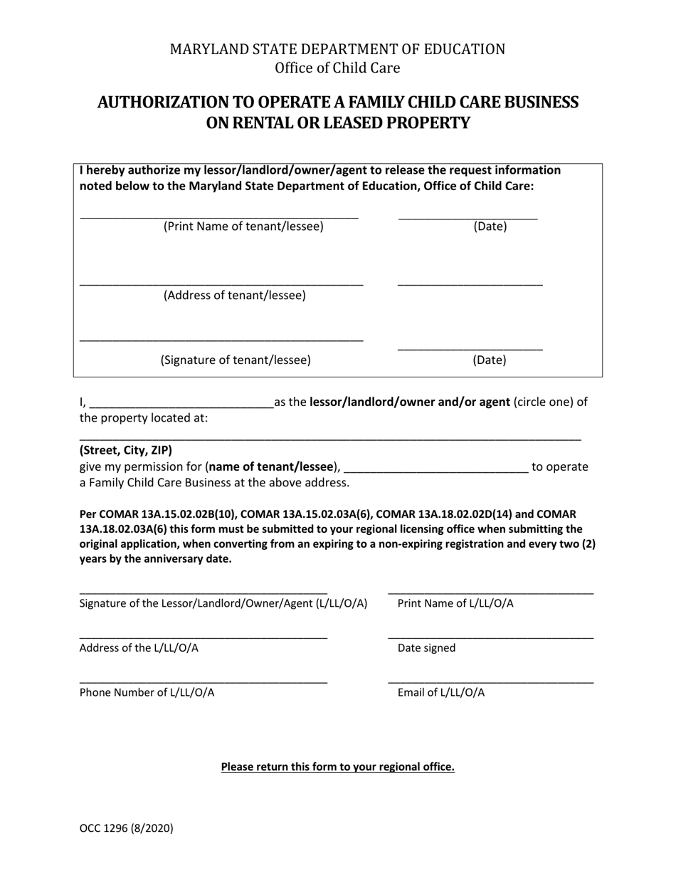 Form OCC1296 Authorization to Operate a Family Child Care Business Onrental or Leased Property - Maryland, Page 1