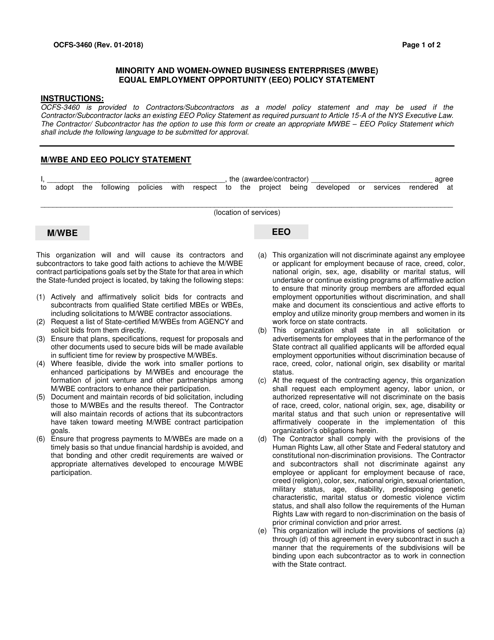 Document preview: Form OCFS-3460 Minority and Women-Owned Business Enterprises (Mwbe) Equal Employment Opportunity (EEO) Policy Statement - New York