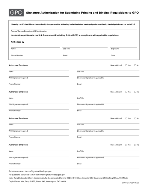 GPO Form 4064 Signature Authorization for Submitting Printing and Binding Requisitions to Gpo
