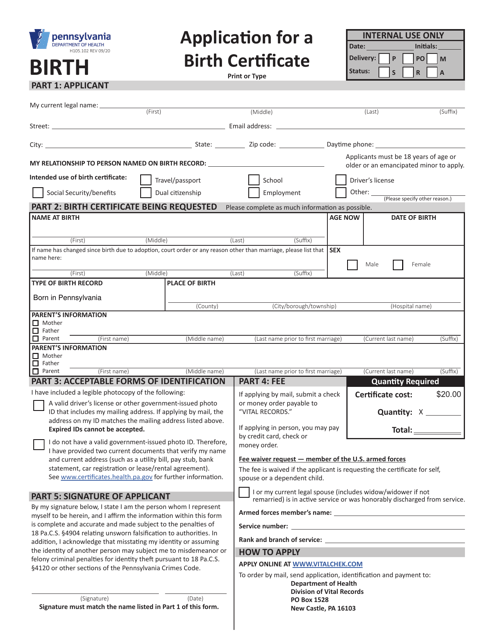 Form H105 102 Download Fillable Pdf Or Fill Online Application For A Birth Certificate Pennsylvania Templateroller