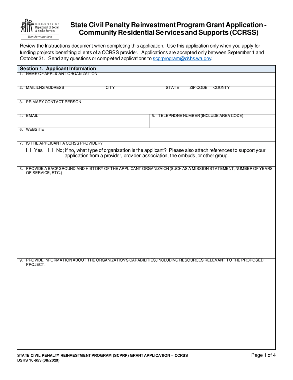 DSHS Form 10-653 State Civil Penalty Reinvestment Program Grant (Scprp) Community Residential Services and Supports (Ccrss) Grant Application - Washington, Page 1