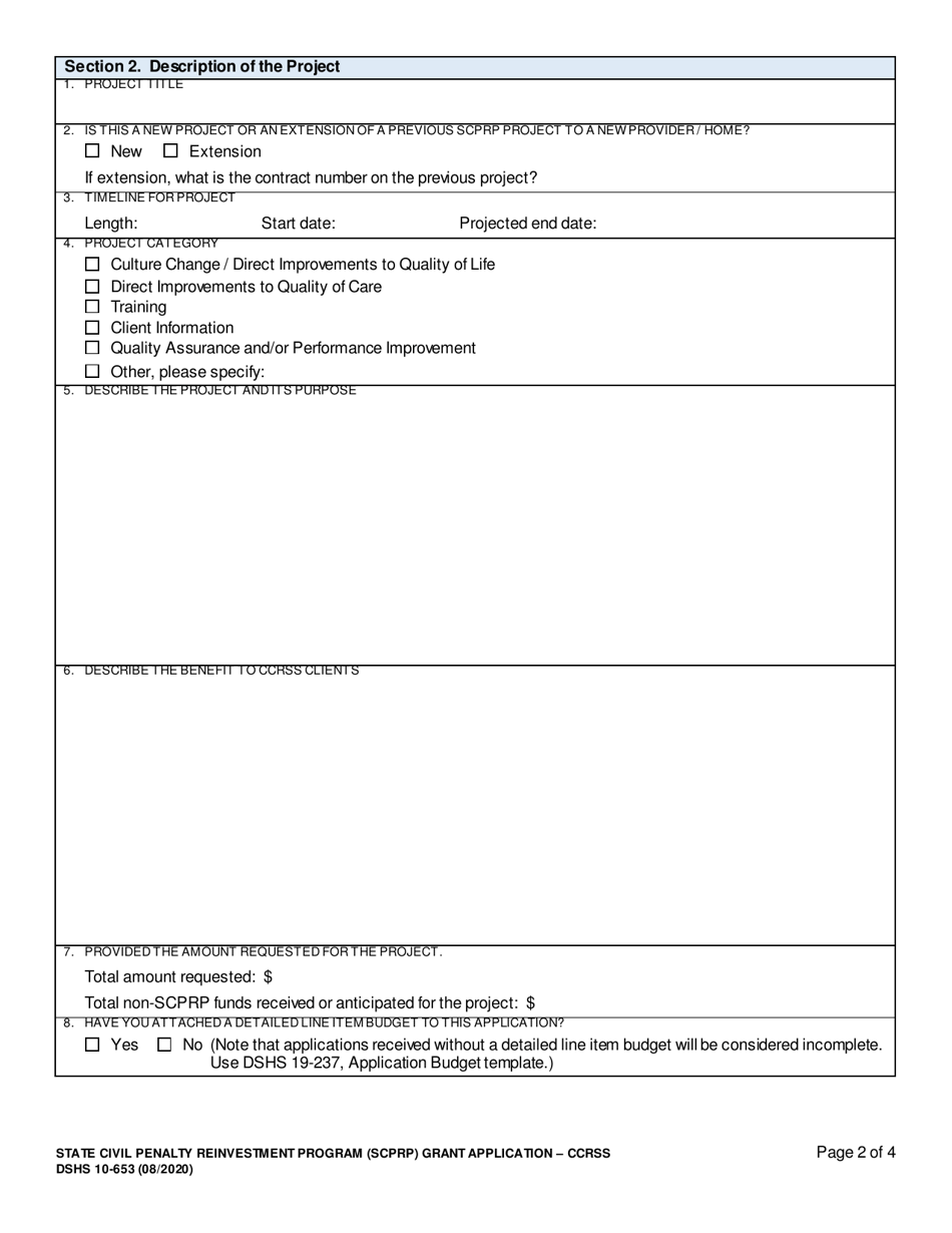 DSHS Form 10-653 State Civil Penalty Reinvestment Program Grant (Scprp) Community Residential Services and Supports (Ccrss) Grant Application - Washington, Page 2