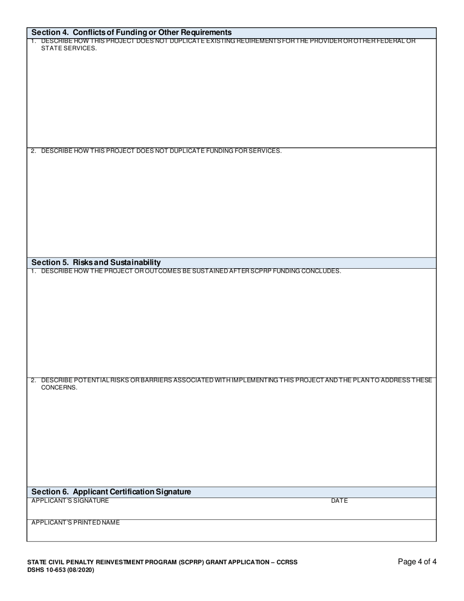 DSHS Form 10-653 State Civil Penalty Reinvestment Program Grant (Scprp) Community Residential Services and Supports (Ccrss) Grant Application - Washington, Page 4