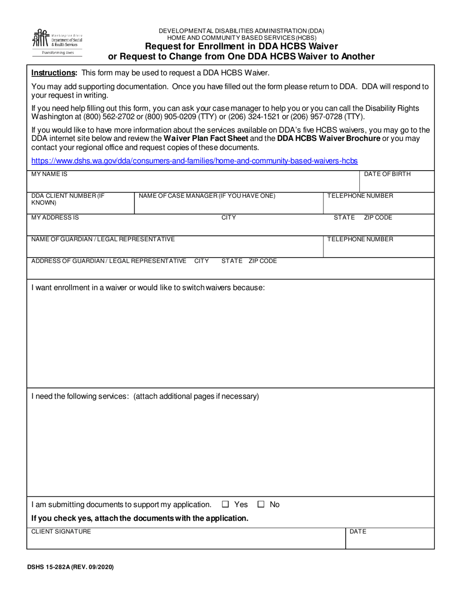 DSHS Form 15-282A Request for Enrollment in Dda Hcbs Waiver or Request to Change From One Dda Hcbs Waiver to Another - Washington, Page 1