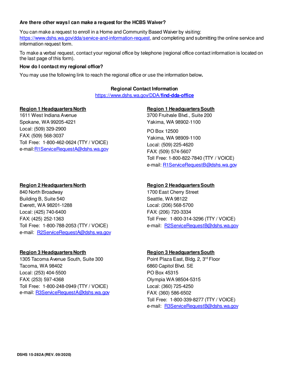 DSHS Form 15-282A Request for Enrollment in Dda Hcbs Waiver or Request to Change From One Dda Hcbs Waiver to Another - Washington, Page 2