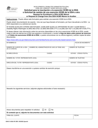 Document preview: DSHS Formulario 15-282A Solicitud Para La Inscripcion a La Exencion Hcbs De La Dda O Solicitud De Cambio De Una Exencion Hcbs De La Dda a Otra - Washington (Spanish)
