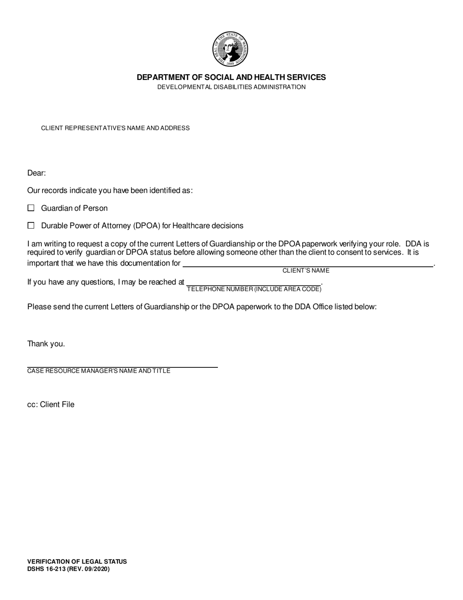DSHS Form 16-213 Verification of Legal Status - Washington, Page 1