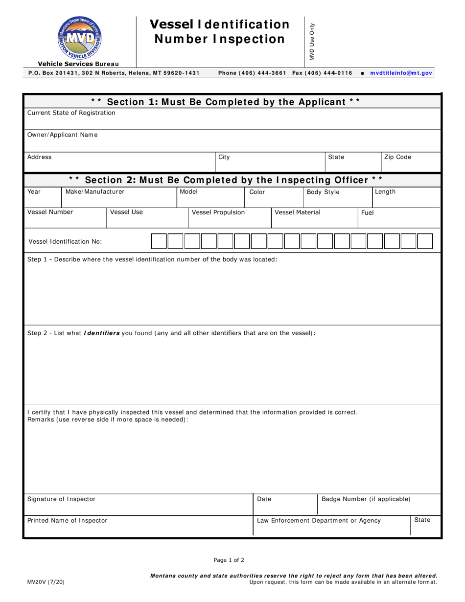 Form MV20V Vessel Identification Number Inspection - Montana, Page 1