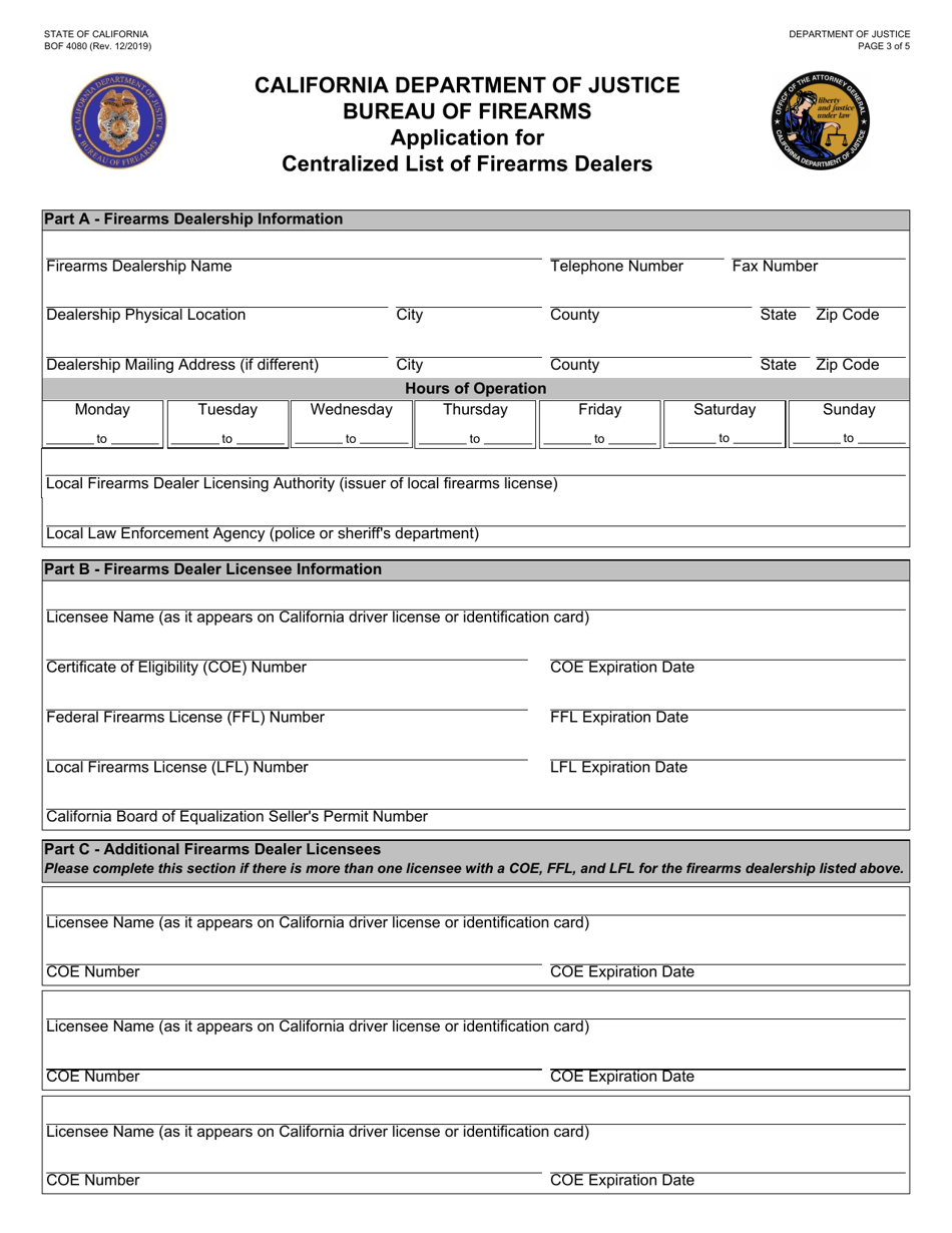 Form BOF4080 Application for Centralized List of Firearms Dealers - California, Page 3