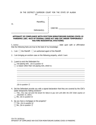 Document preview: Form CIV-731 Affidavit of Compliance With Eviction Moratoriums During Covid-19 Pandemic (SEC. 4023 of Federal CARES Act and CDC Order Temporarily Halting Residential Evictions) - Alaska