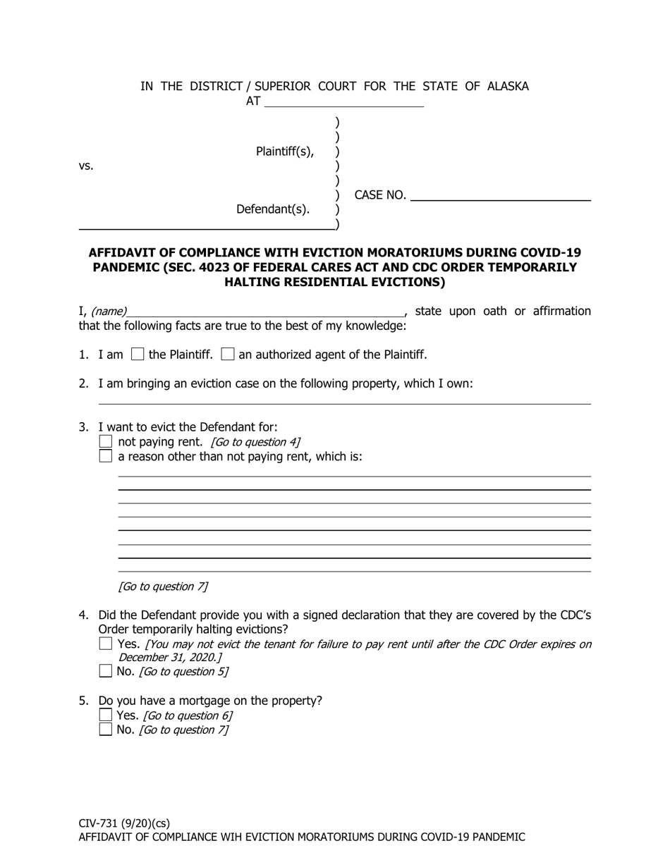 Form CIV-731 Affidavit of Compliance With Eviction Moratoriums During Covid-19 Pandemic (SEC. 4023 of Federal CARES Act and CDC Order Temporarily Halting Residential Evictions) - Alaska, Page 1