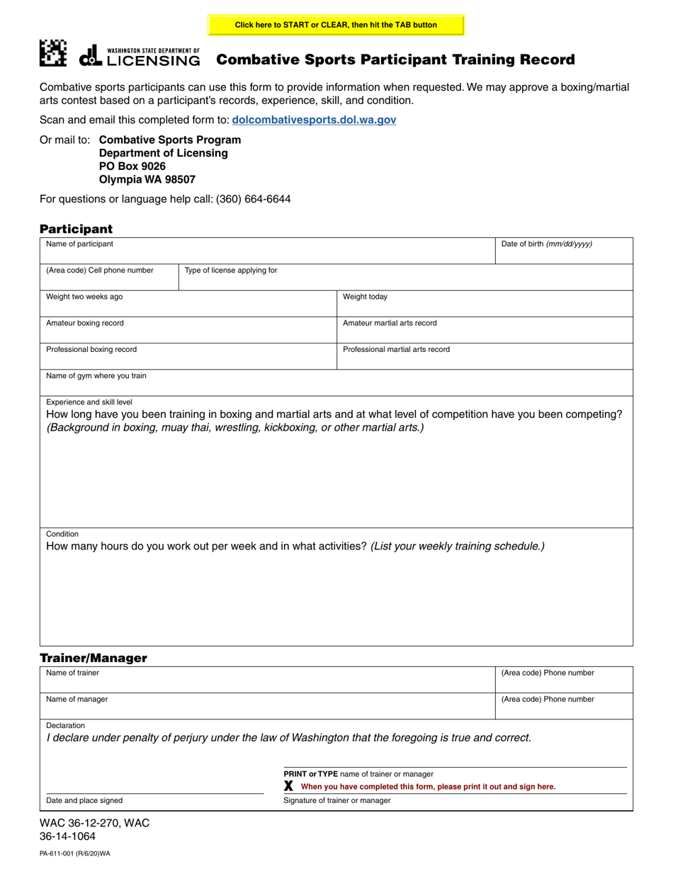 Form PA-611-001 Combative Sports Participant Training Record - Washington, Page 1