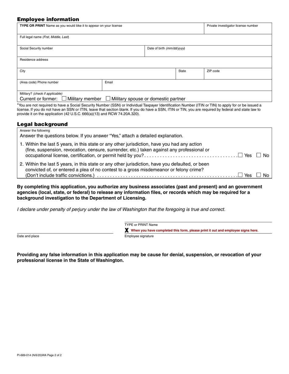Form PI-689-014 Private Investigator Association Request - Washington, Page 2