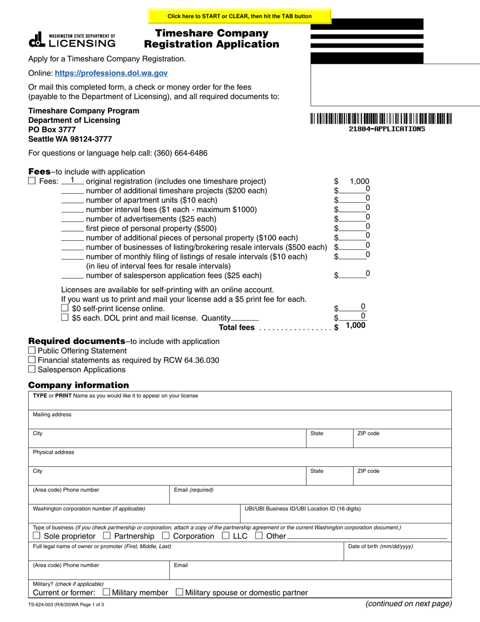 Form TS-624-003 Timeshare Company Registration Application - Washington, Page 1