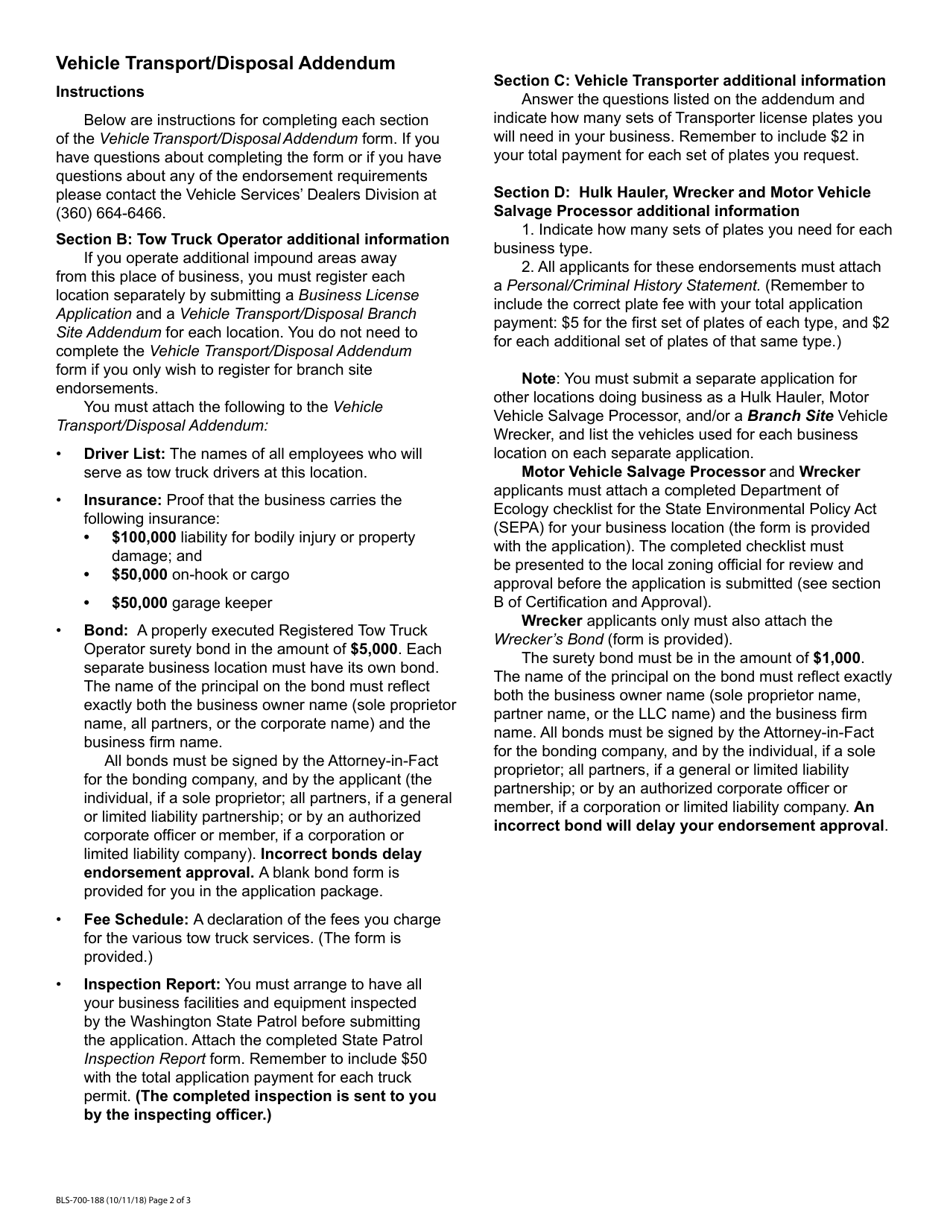 Form BLS-700-183 Vehicle Transport / Disposal Addendum - Washington, Page 4