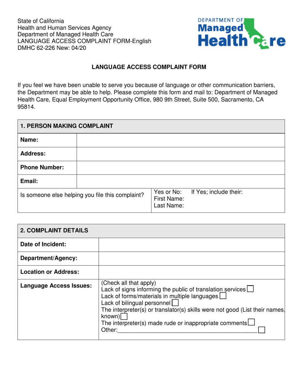 Form DMHC62-226 Download Fillable PDF or Fill Online Language Access ...