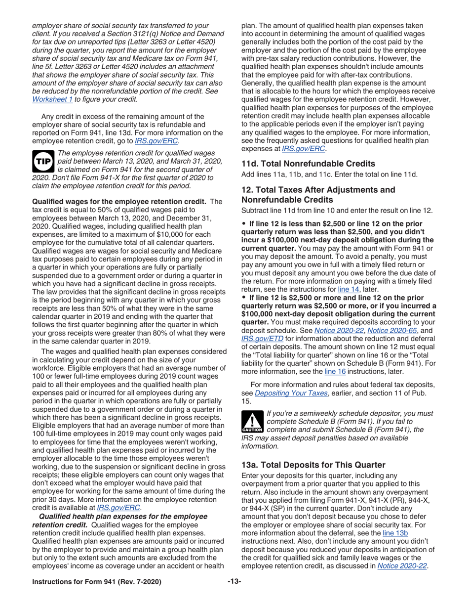 Instructions for IRS Form 941 Employers Quarterly Federal Tax Return, Page 13