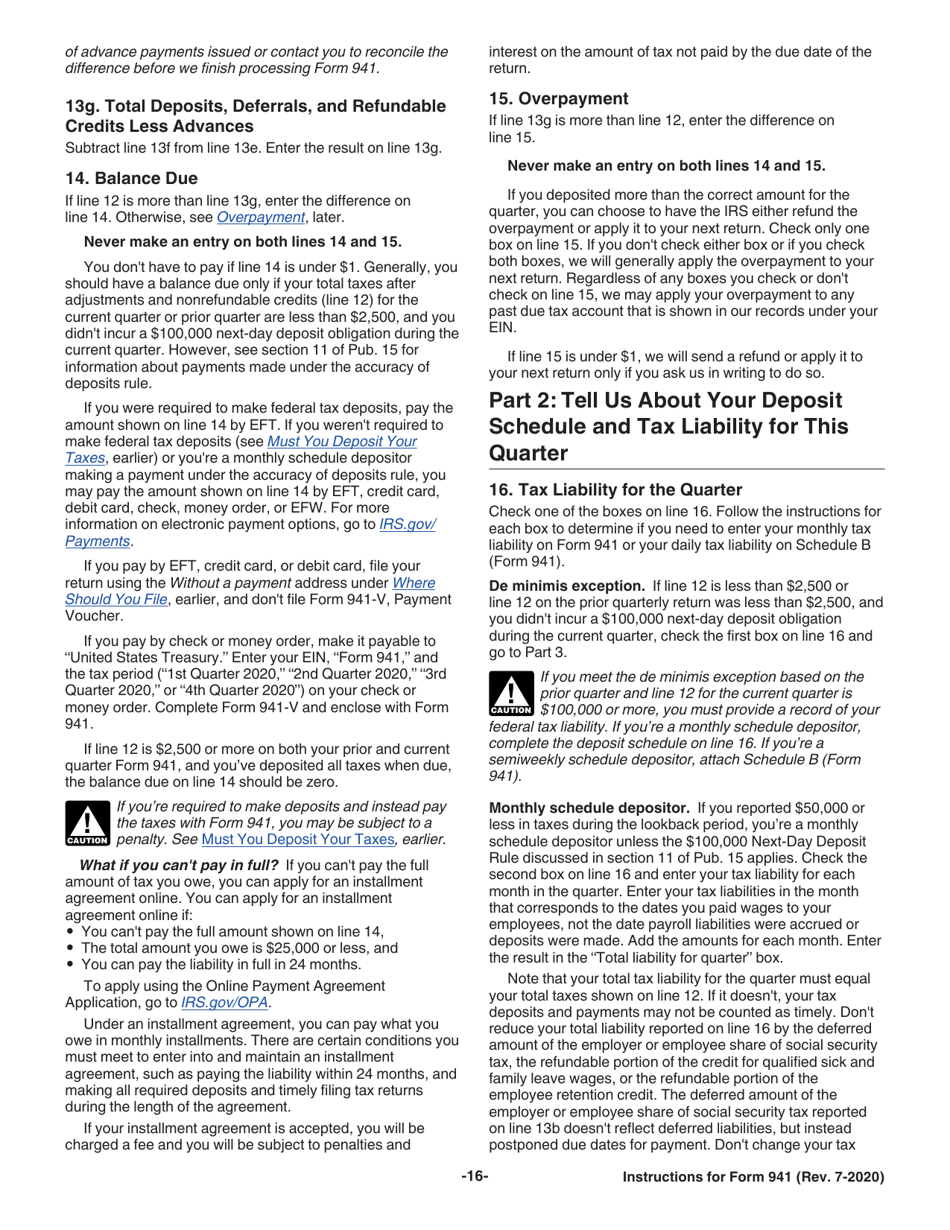 Instructions for IRS Form 941 Employers Quarterly Federal Tax Return, Page 16