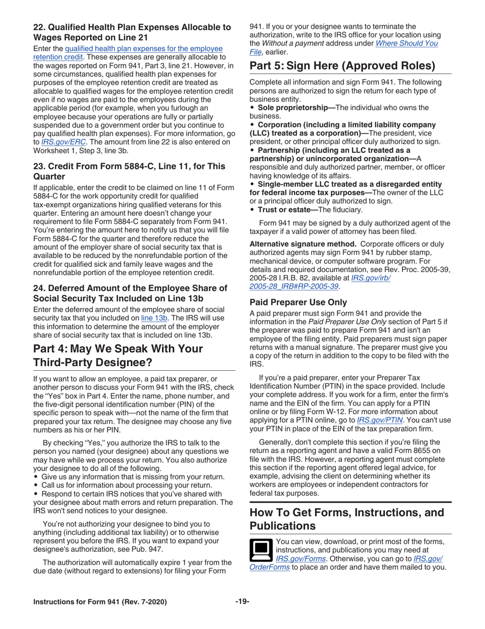 Instructions for IRS Form 941 Employers Quarterly Federal Tax Return, Page 19