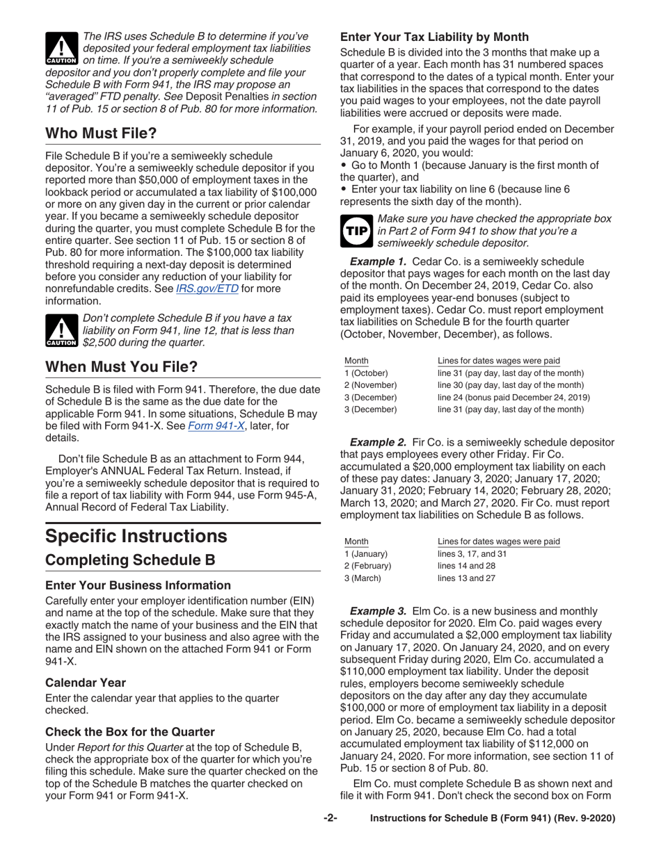 Instructions for IRS Form 941 Schedule B Report of Tax Liability for Semiweekly Schedule Depositors, Page 2