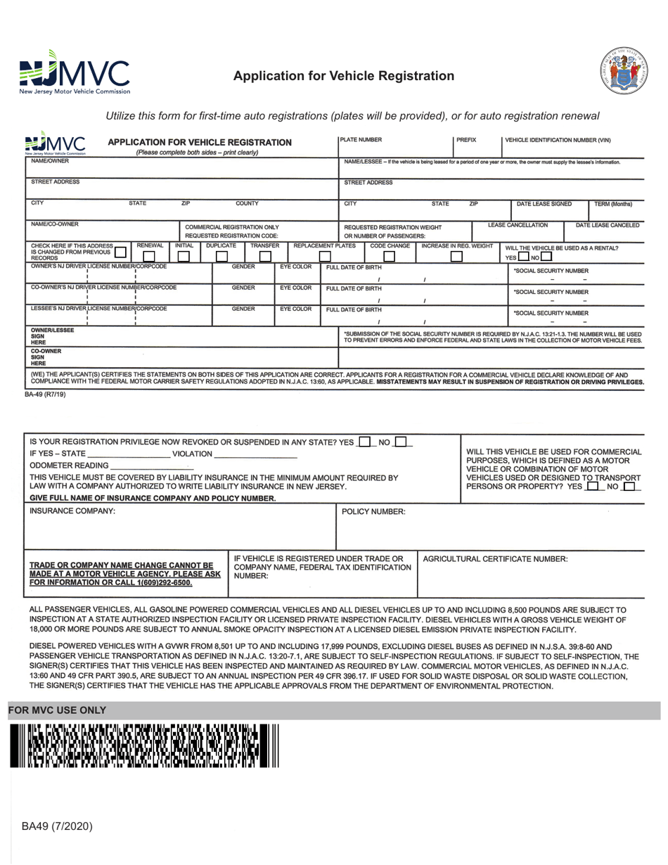 Form BA49 Application for Vehicle Registration - New Jersey, Page 1