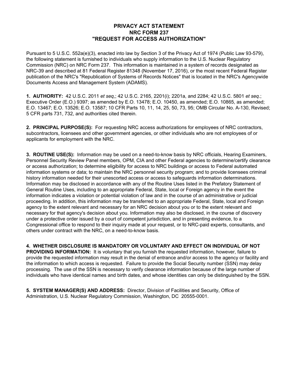 NRC Form 237 Request for Access Authorization, Page 3