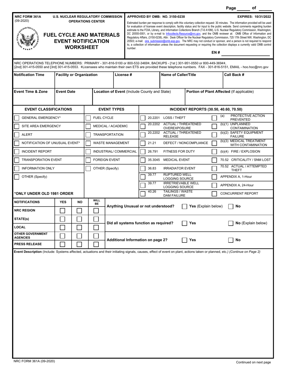 NRC Form 361A Fuel Cycle and Materials Event Notification Worksheet, Page 1