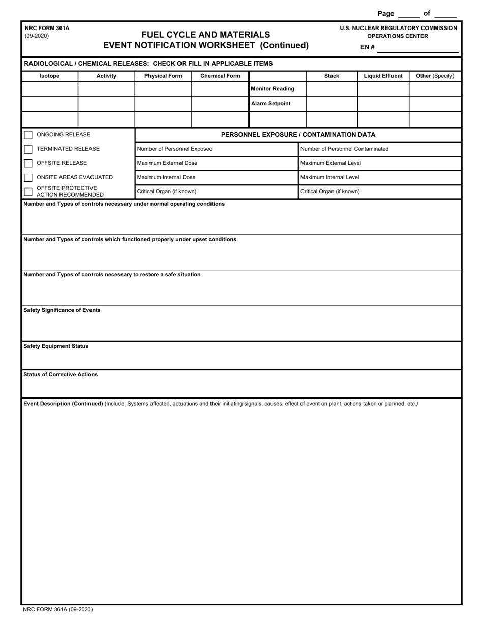 NRC Form 361A Fuel Cycle and Materials Event Notification Worksheet, Page 2