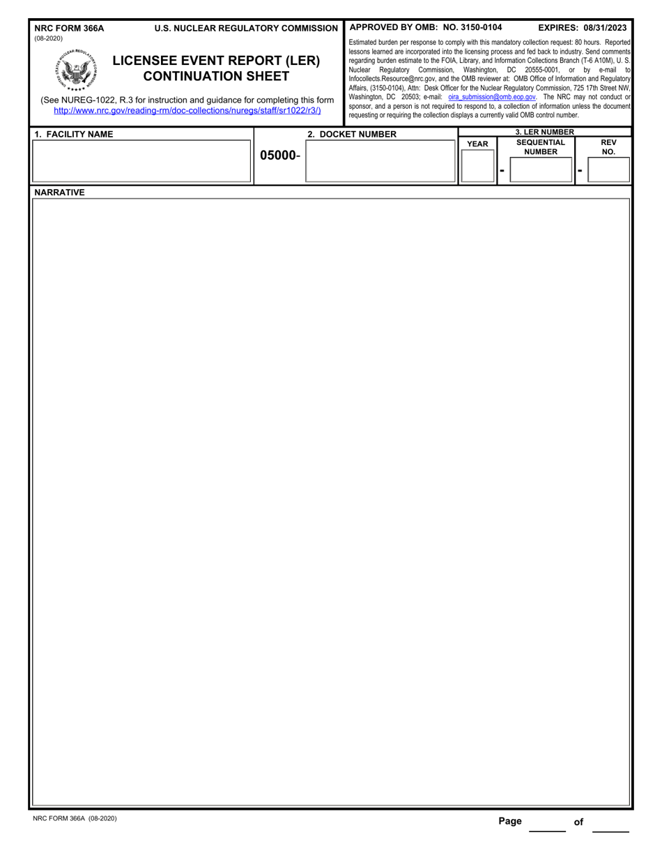 NRC Form 366A Licensee Event Report (Ler) Continuation Sheet, Page 1