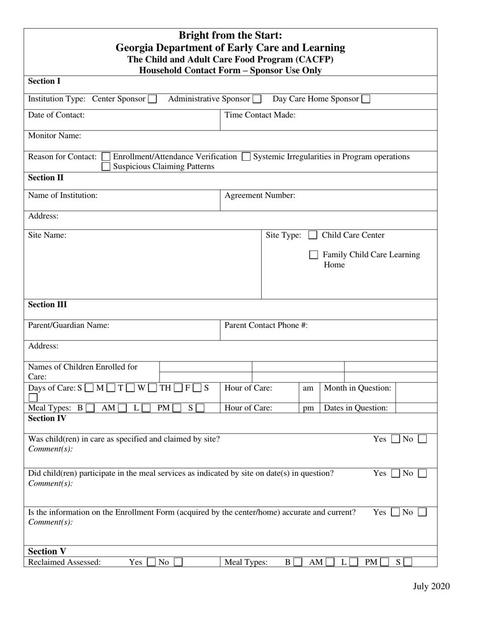 The Child and Adult Care Food Program (CACFP) Household Contact Form - Georgia (United States), Page 1