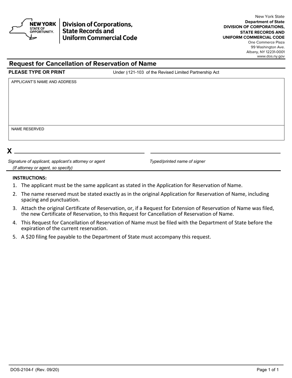 Form DOS-2104-F Request for Cancellation of Reservation of Name - New York, Page 1