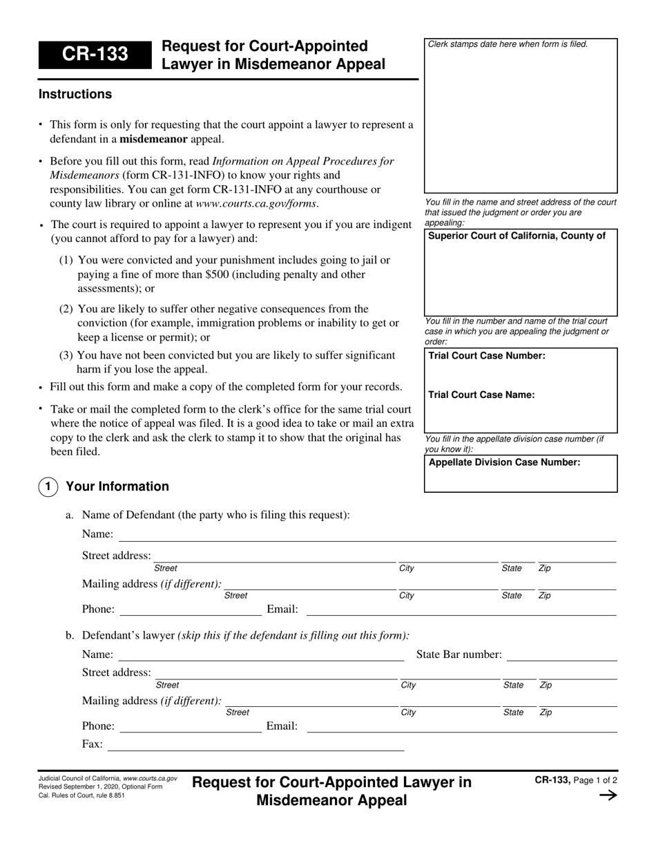 Form CR-133 Request for Court-Appointed Lawyer in Misdemeanor Appeal - California, Page 1