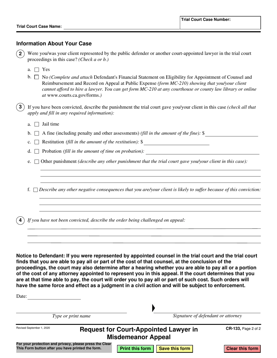 Form CR-133 Request for Court-Appointed Lawyer in Misdemeanor Appeal - California, Page 2