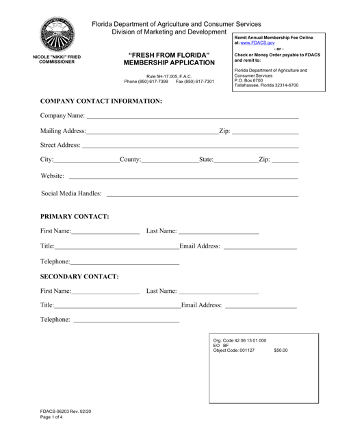 Form FDACS-06203 "fresh From Florida" Membership Application - Florida
