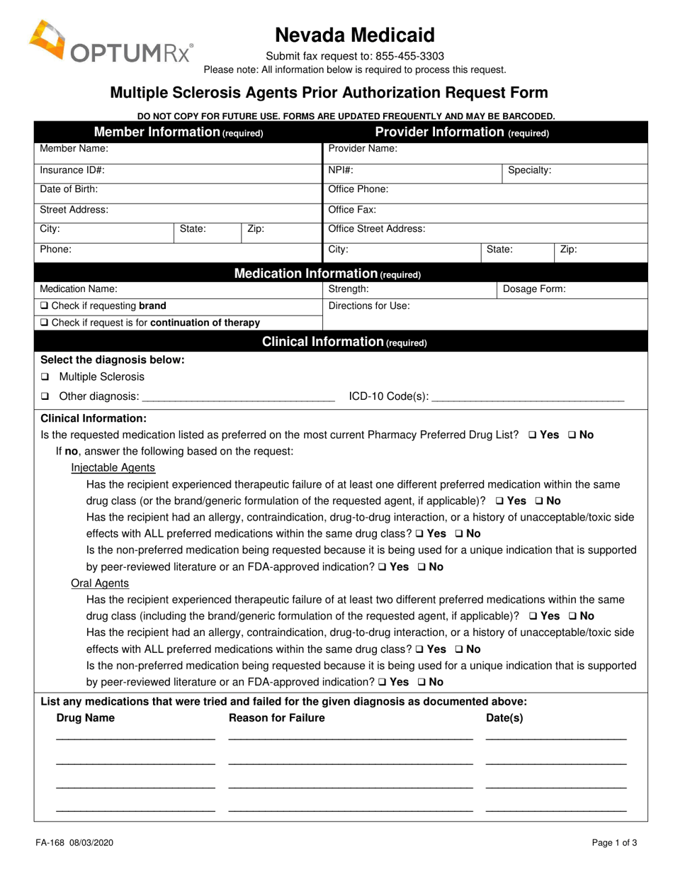 Form FA-168 Multiple Sclerosis Agents Prior Authorization Request Form - Nevada, Page 1