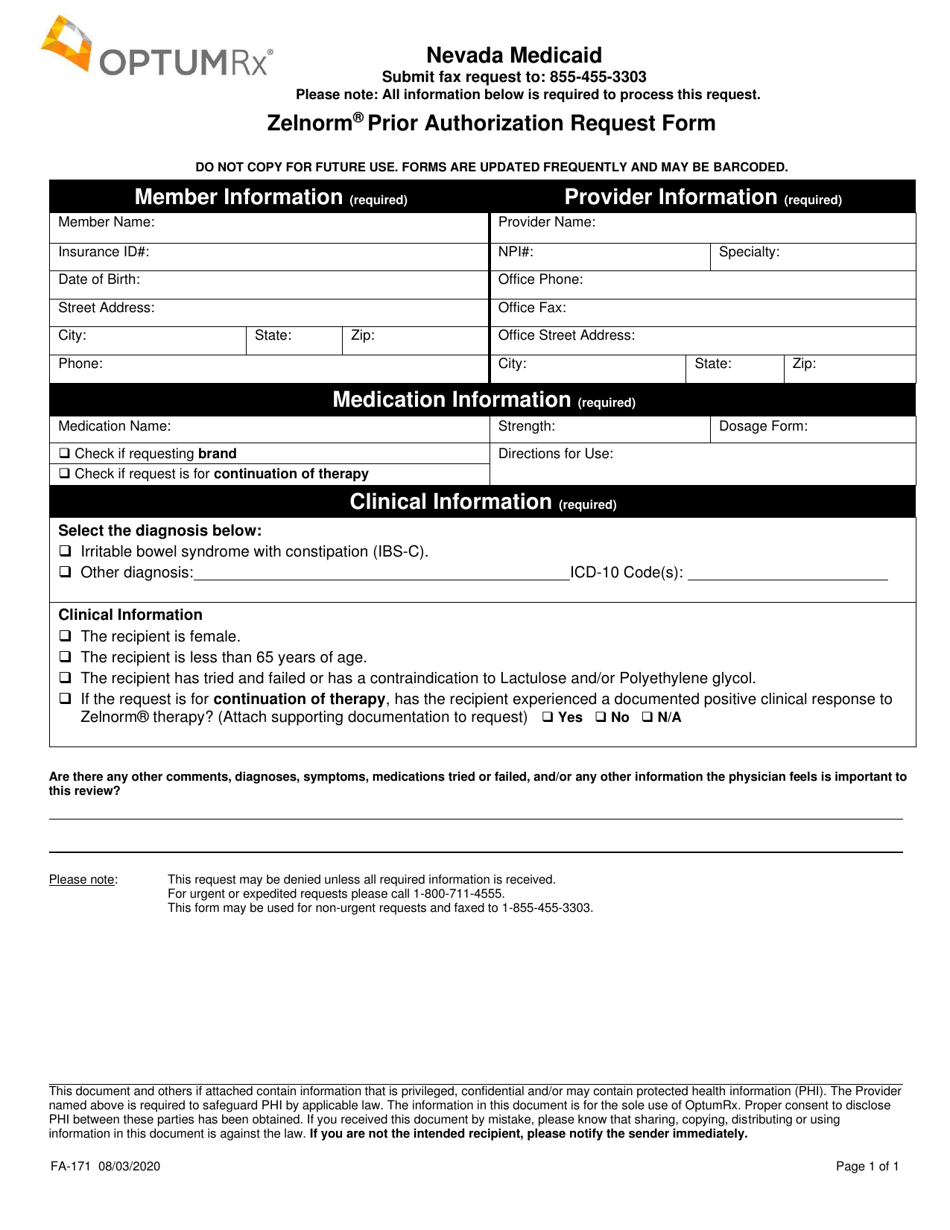 Form FA-171 Zelnorm Prior Authorization Request Form - Nevada, Page 1