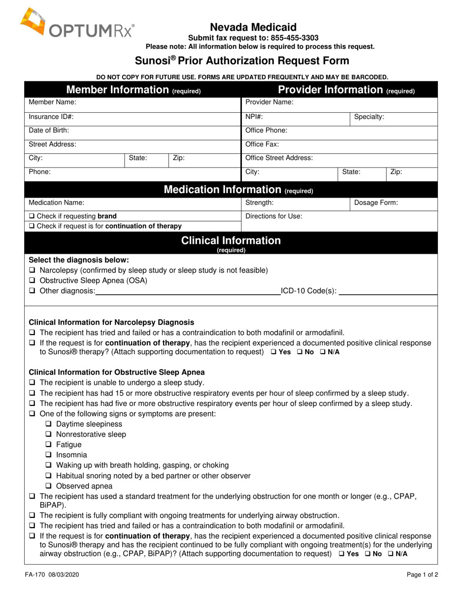 Form FA-170 Sunosi Prior Authorization Request Form - Nevada, Page 1