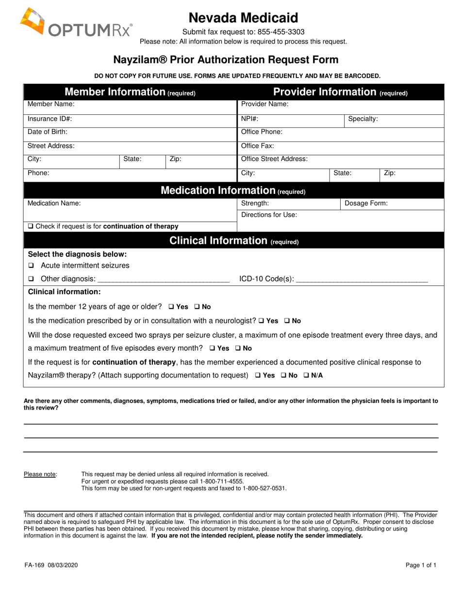 Form FA-169 Nayzilam Prior Authorization Request Form - Nevada, Page 1