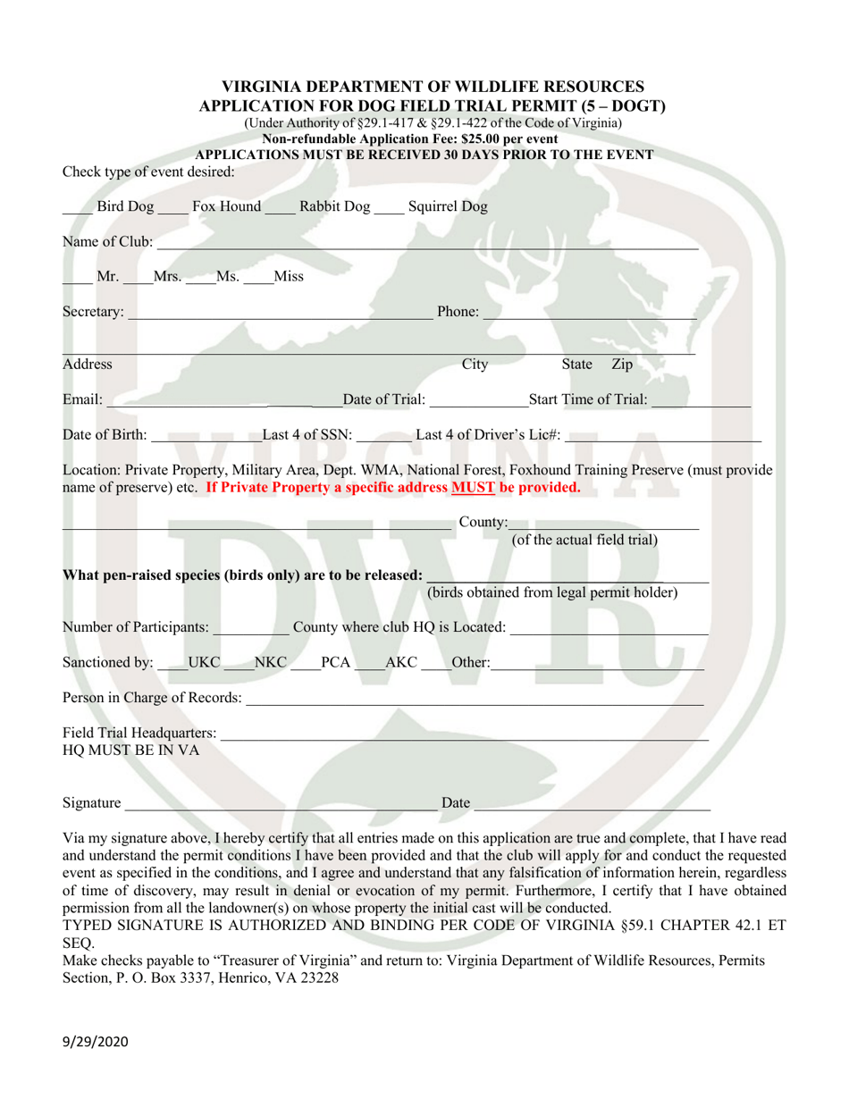 Application for Dog Field Trial Permit (5 - Dogt) - Virginia, Page 1