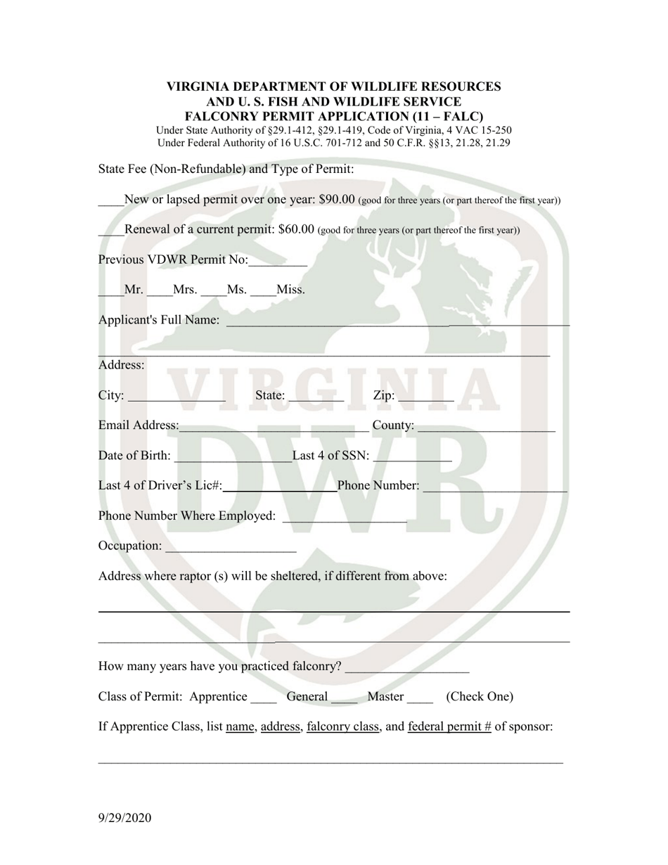 Falconry Permit Application (11 - Falc) - Virginia, Page 1