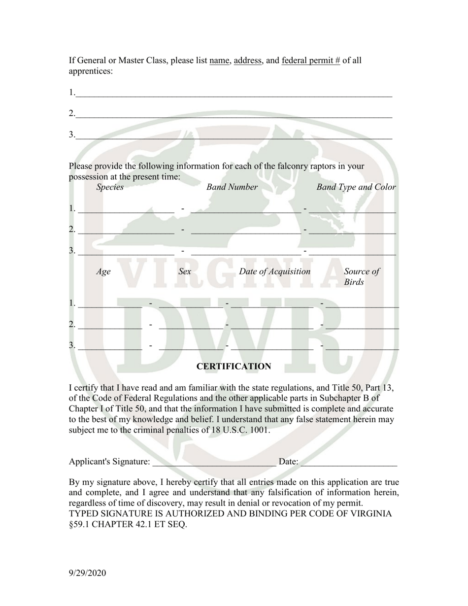 Falconry Permit Application (11 - Falc) - Virginia, Page 2