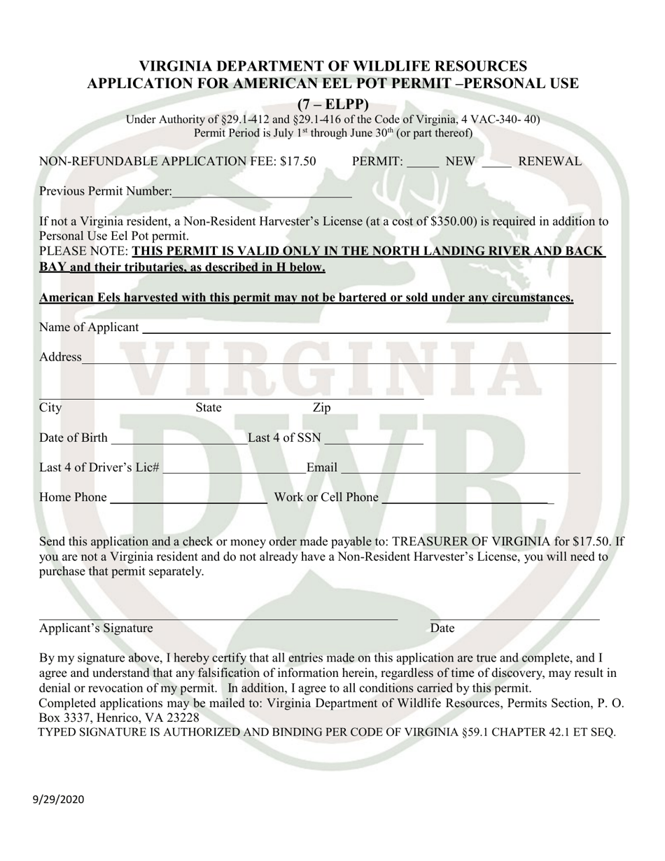 Application for American Eel Pot Permit - Personal Use (7 - Elpp) - Virginia, Page 1