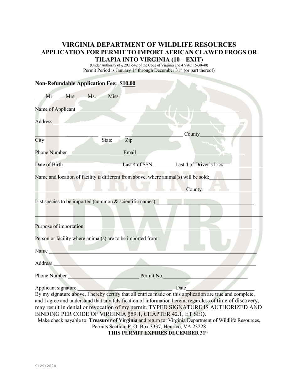 Application for Permit to Import African Clawed Frogs or Tilapia Into Virginia (10 - Exit) - Virginia, Page 1