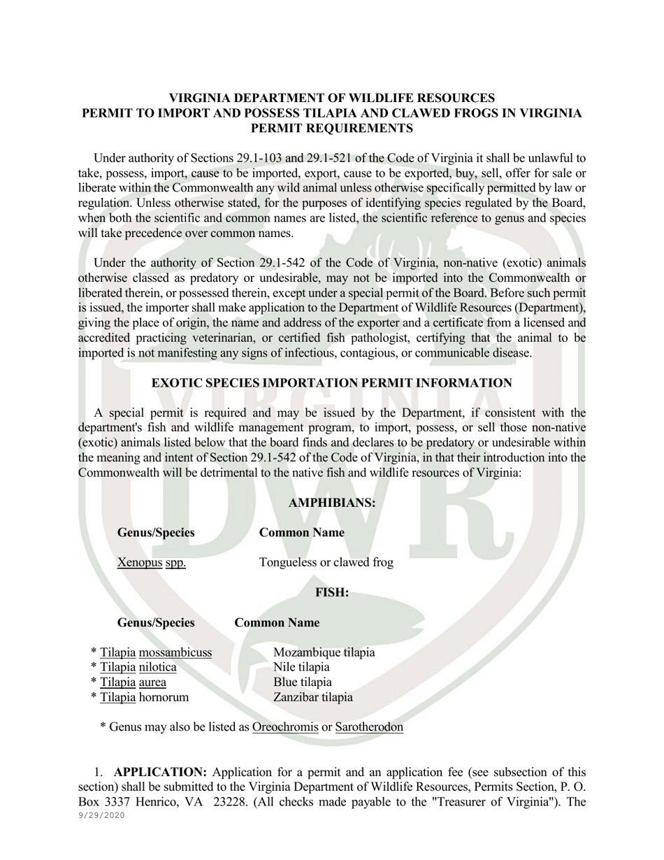 Application for Permit to Import African Clawed Frogs or Tilapia Into Virginia (10 - Exit) - Virginia, Page 2