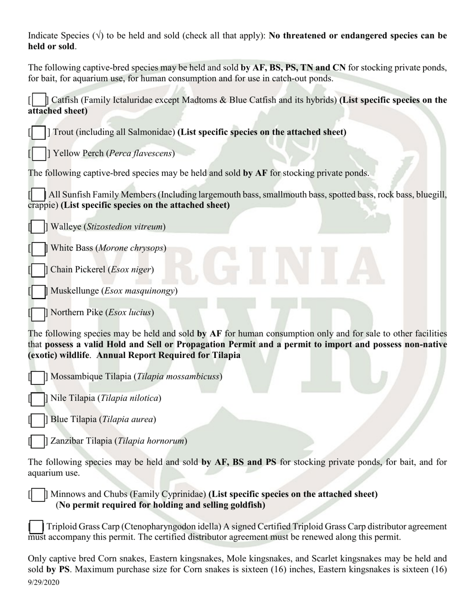 Application for Permit to Hold and Sell Certain Fish, Snakes, Snapping Turtles,  Hellgrammites for Sale (20  21 - Hold) - Virginia, Page 2