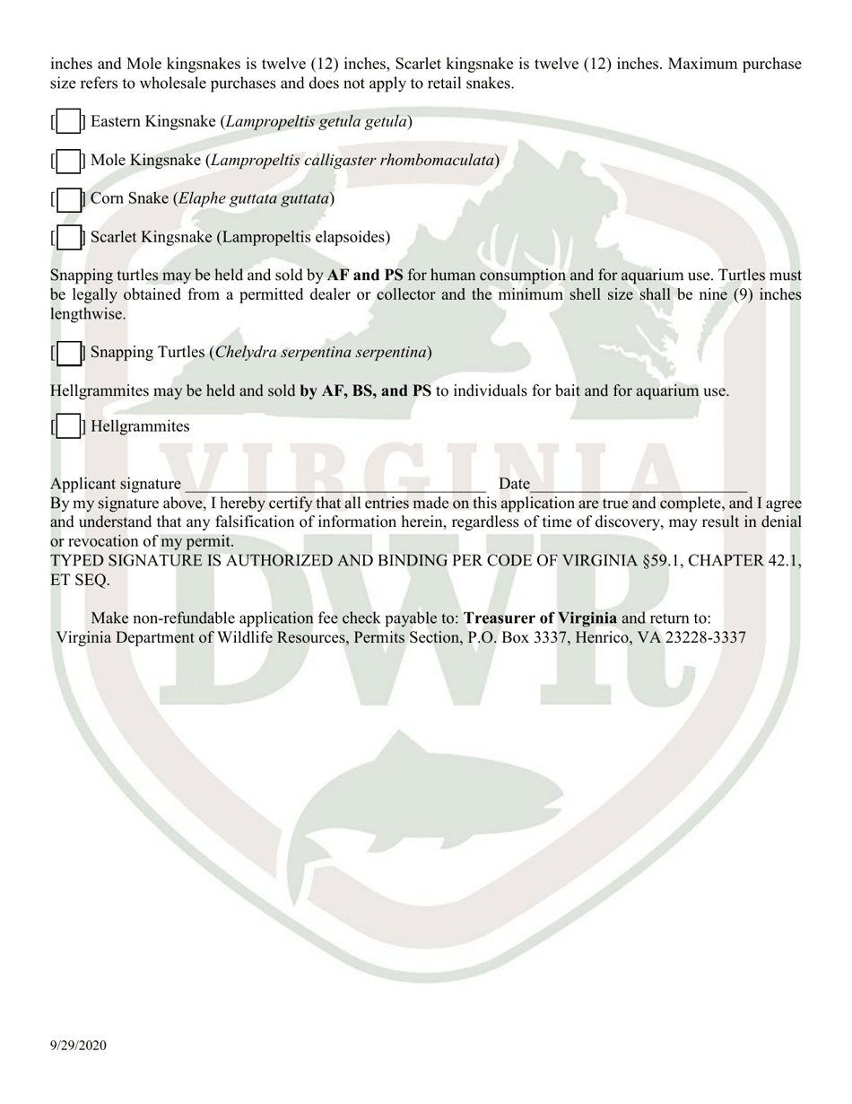 Application for Permit to Hold and Sell Certain Fish, Snakes, Snapping Turtles,  Hellgrammites for Sale (20  21 - Hold) - Virginia, Page 3